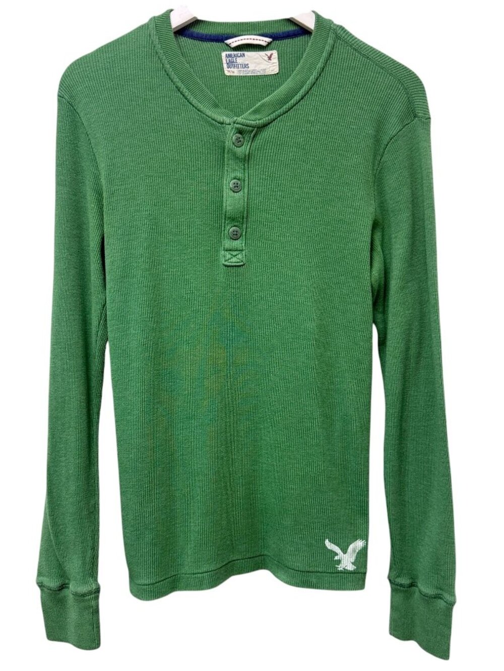 American Eagle Mens Large Green Ribbed Henley Long Sleeve Cotton Blend Casual